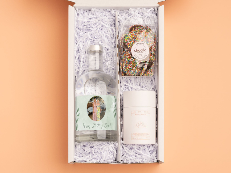 Personalised gin bottle, in a gift pack with speckles chocolate and bath bomb
