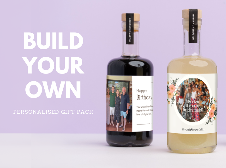 Three personalised bottles of alcohol, two personalised bottles rośe and a personalised bottle of gin