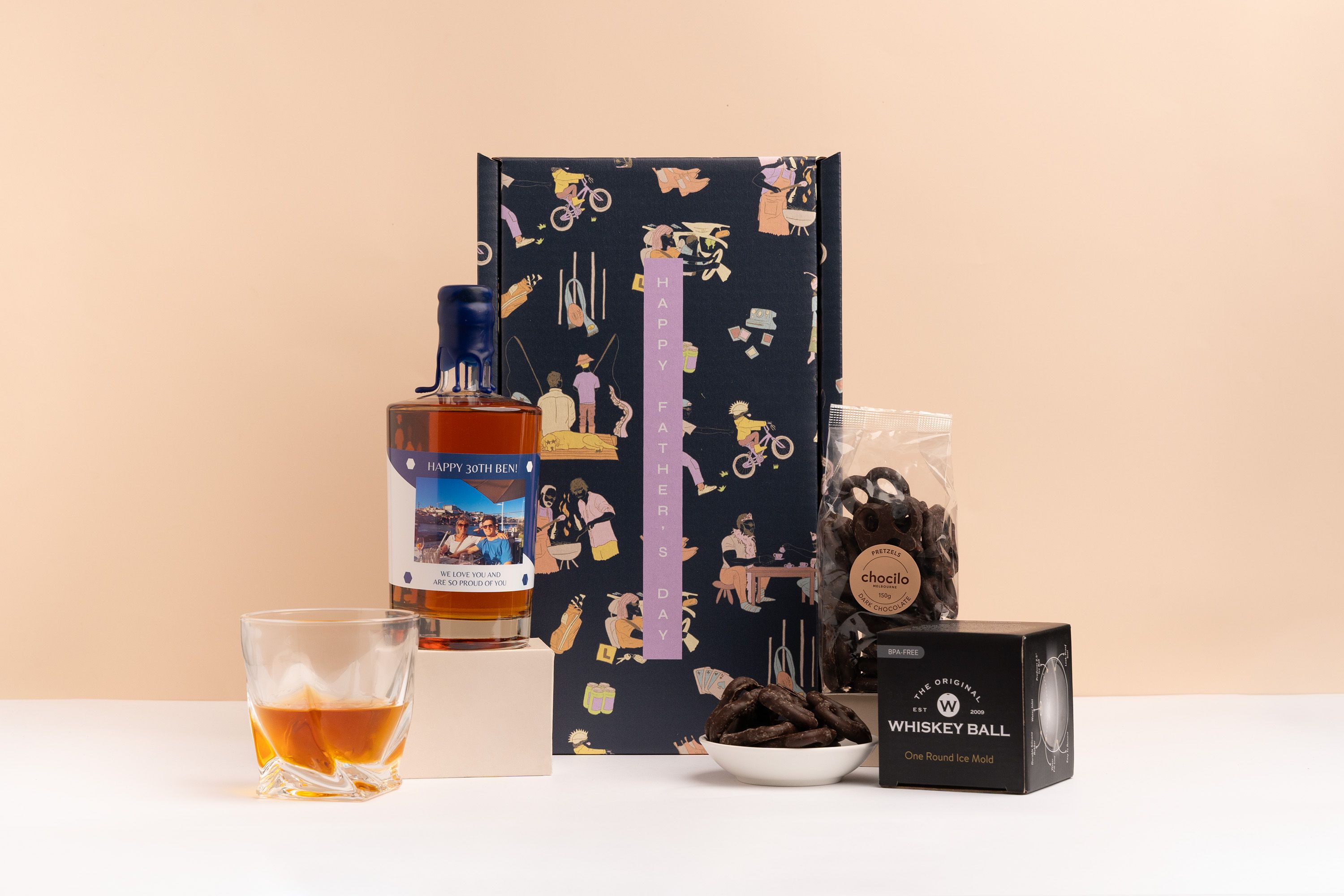 Personalsied Father's Day Gift Box with a personalised whiskey and fathers day add-ons