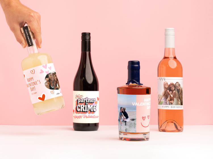 Two Valentine's Day Gifts. Personalised Bottles of Alcohol, Two personalised bottles Rose and a personalised bottle of pink Gin for Valentine's Day