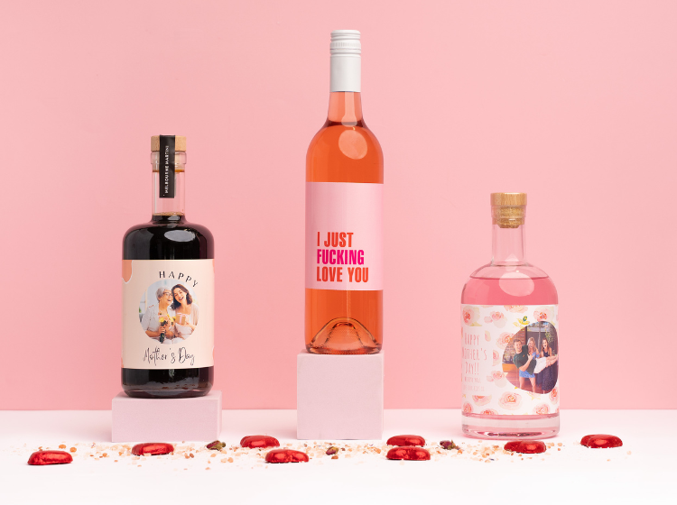 Personalised Valentine's Day bottles of alcohol, personalised espresso martini, personalised rośe and personalised pink gin