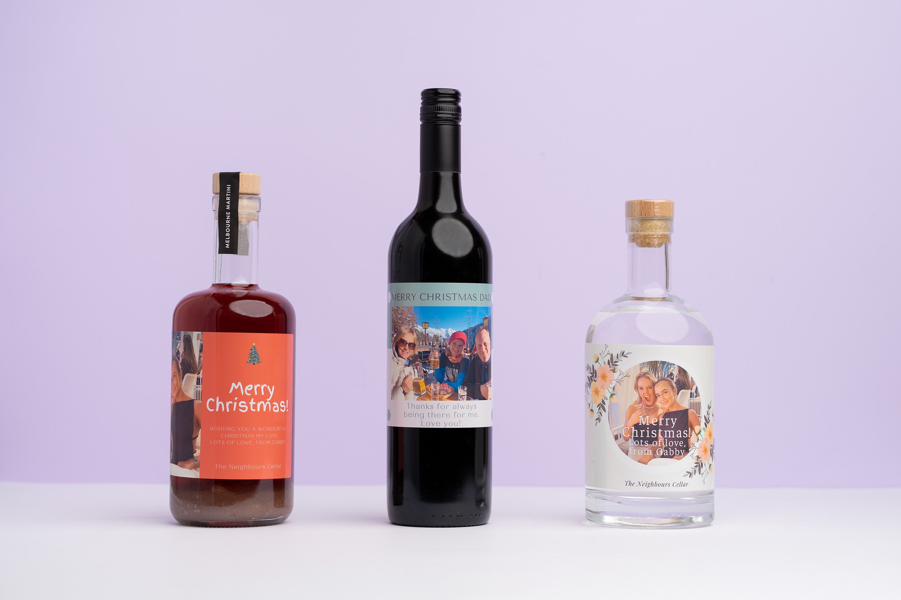 three personalised bottles of alcohol, one personalised cocktail, one personalised wine and one personalised gin