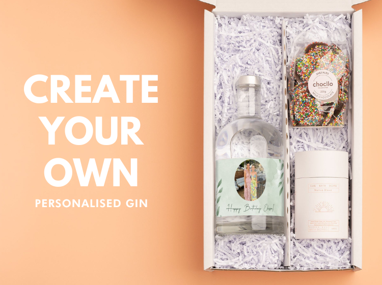 Three Personalised Bottles of gin, Two personalised bottles pink gin and a personalised bottle of dry gin