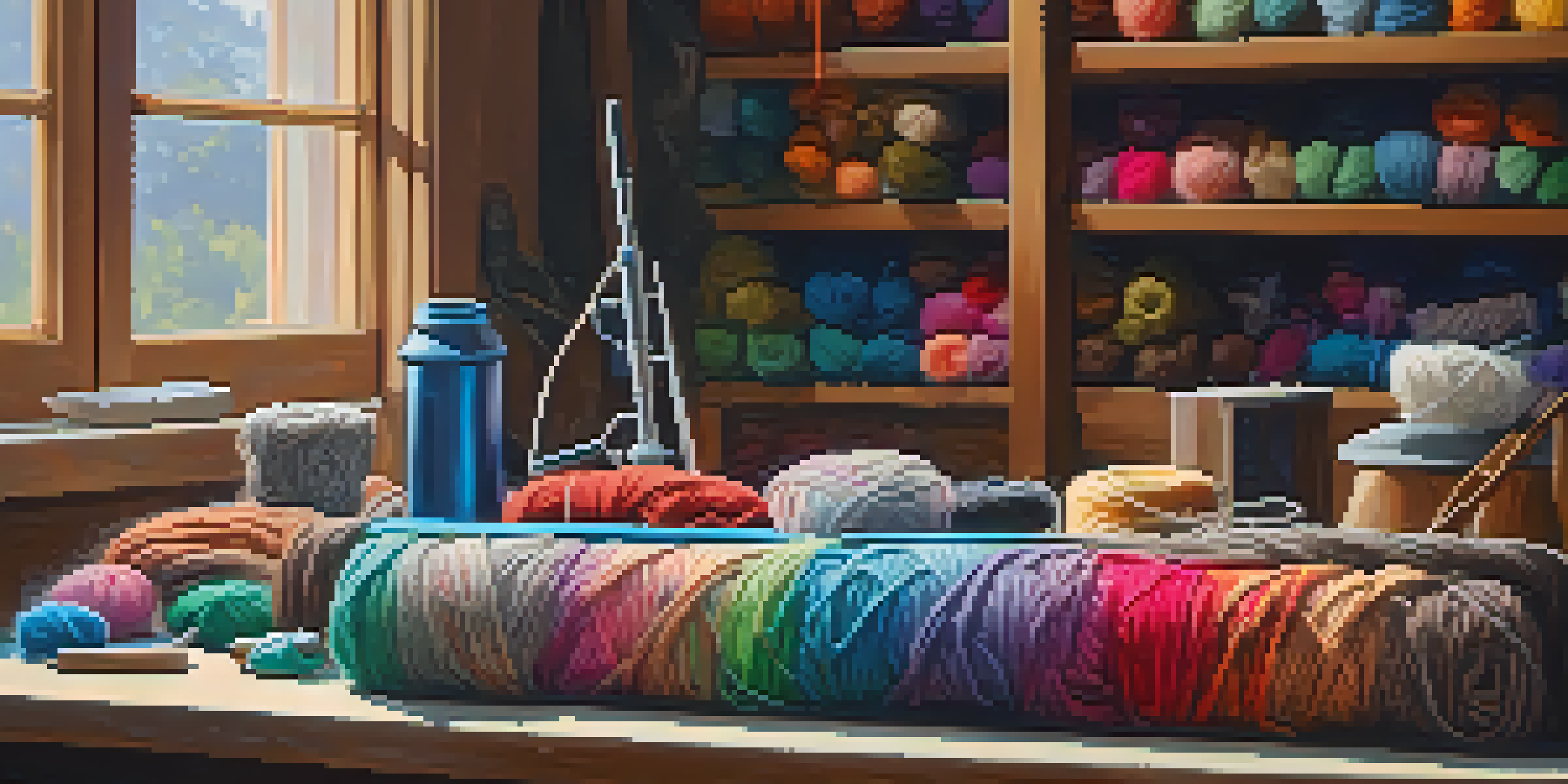 A bright and organized workspace for tufting, showcasing a tufting gun, colorful yarns, and tools in a clean environment.
