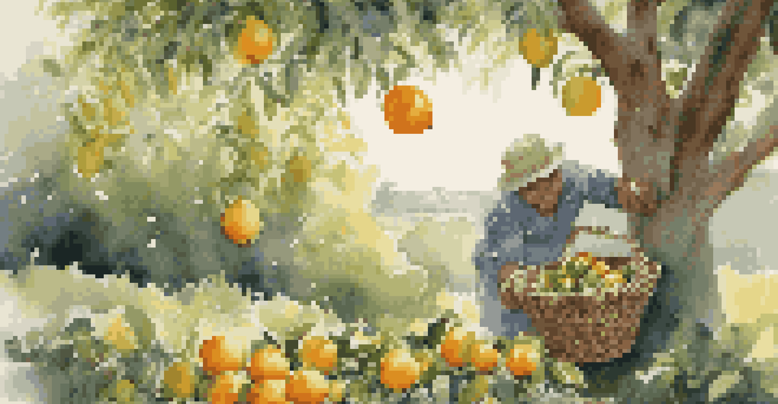 A person harvesting wild citrus from a tree, wearing gloves and using pruning shears, with a basket nearby in a lush green setting.