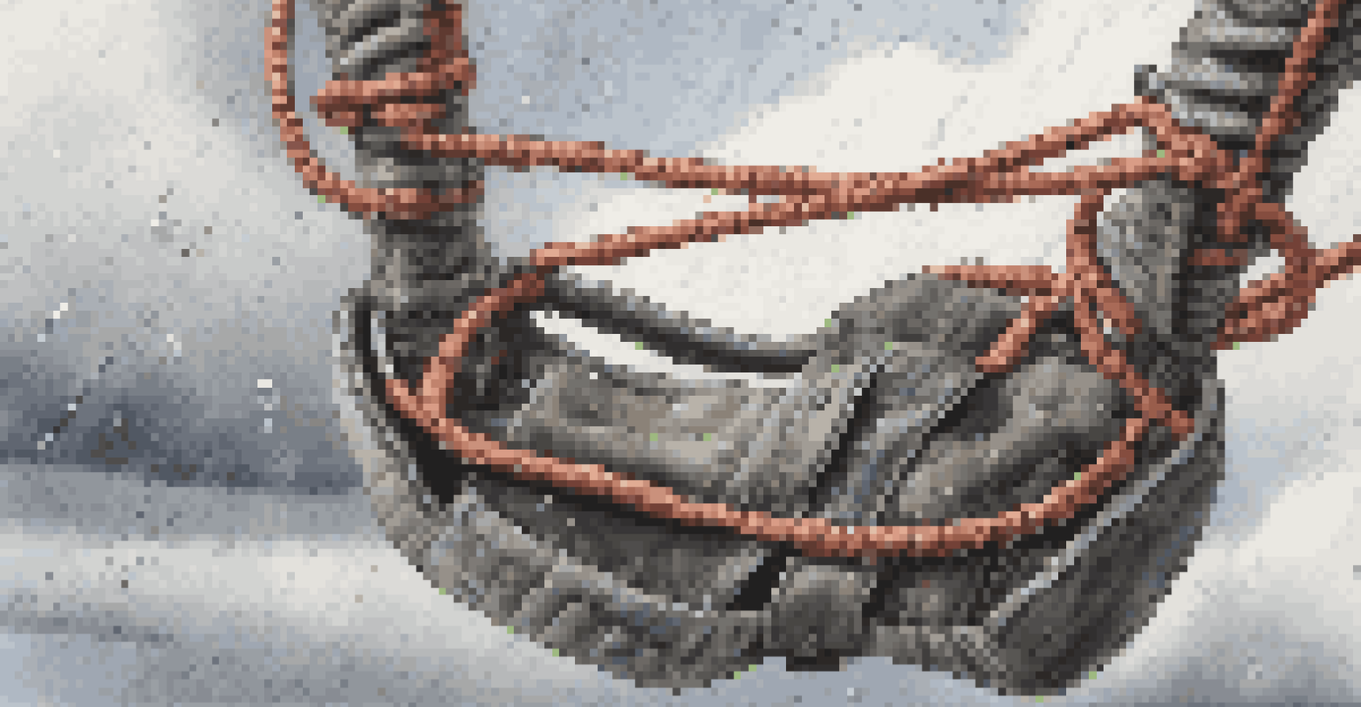 A detailed view of a bungee cord and harness against a cloudy sky with raindrops, emphasizing safety equipment.
