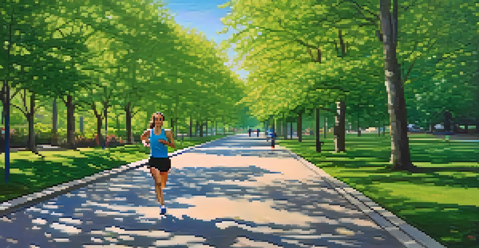 A jogger enjoys listening to an audiobook while running in a sunny park surrounded by nature.