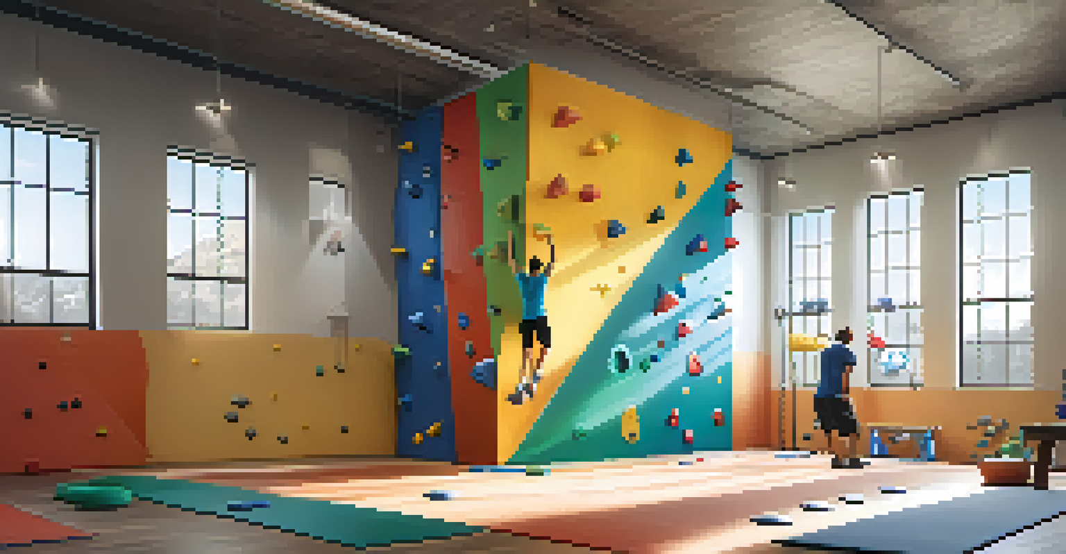 A male climber training indoors on a colorful climbing wall, with natural light illuminating the scene and a chalk bag nearby.