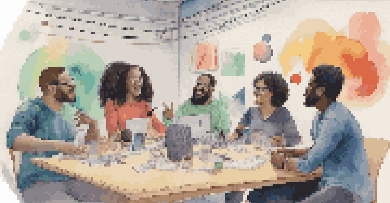 A diverse group of people discussing a podcast episode around a table, with recording equipment and colorful sound wave graphics above them.