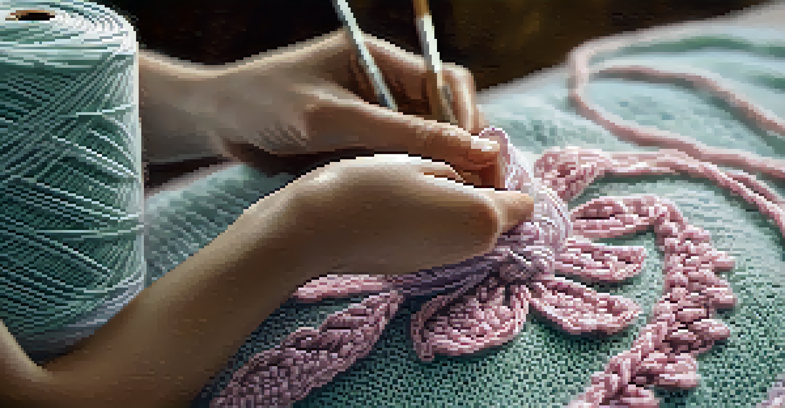 Close-up of hands crocheting a flower motif with pastel yarn, focusing on the intricate stitches.
