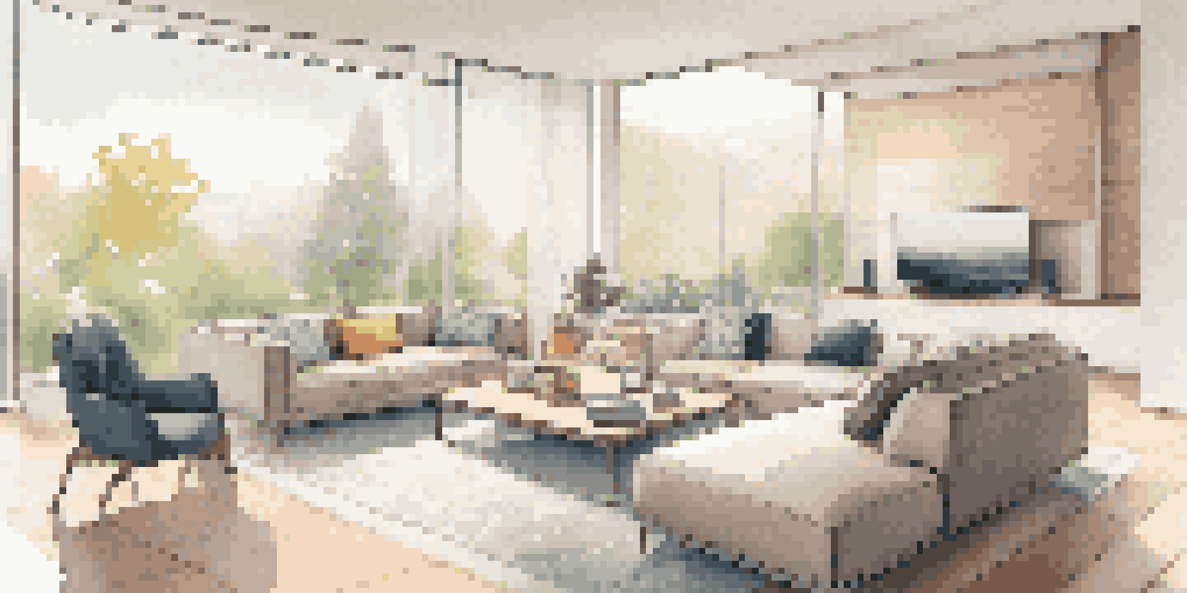 A modern living room with smart home technology, including smart lighting and a voice-activated assistant.