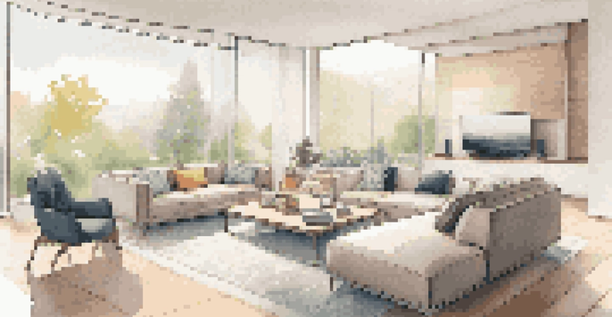 A modern living room with smart home technology, including smart lighting and a voice-activated assistant.