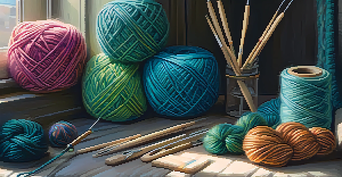 A warm and inviting knitting corner with bamboo needles, colorful yarn, measuring tape, and scissors on a wooden table, illuminated by soft natural light.