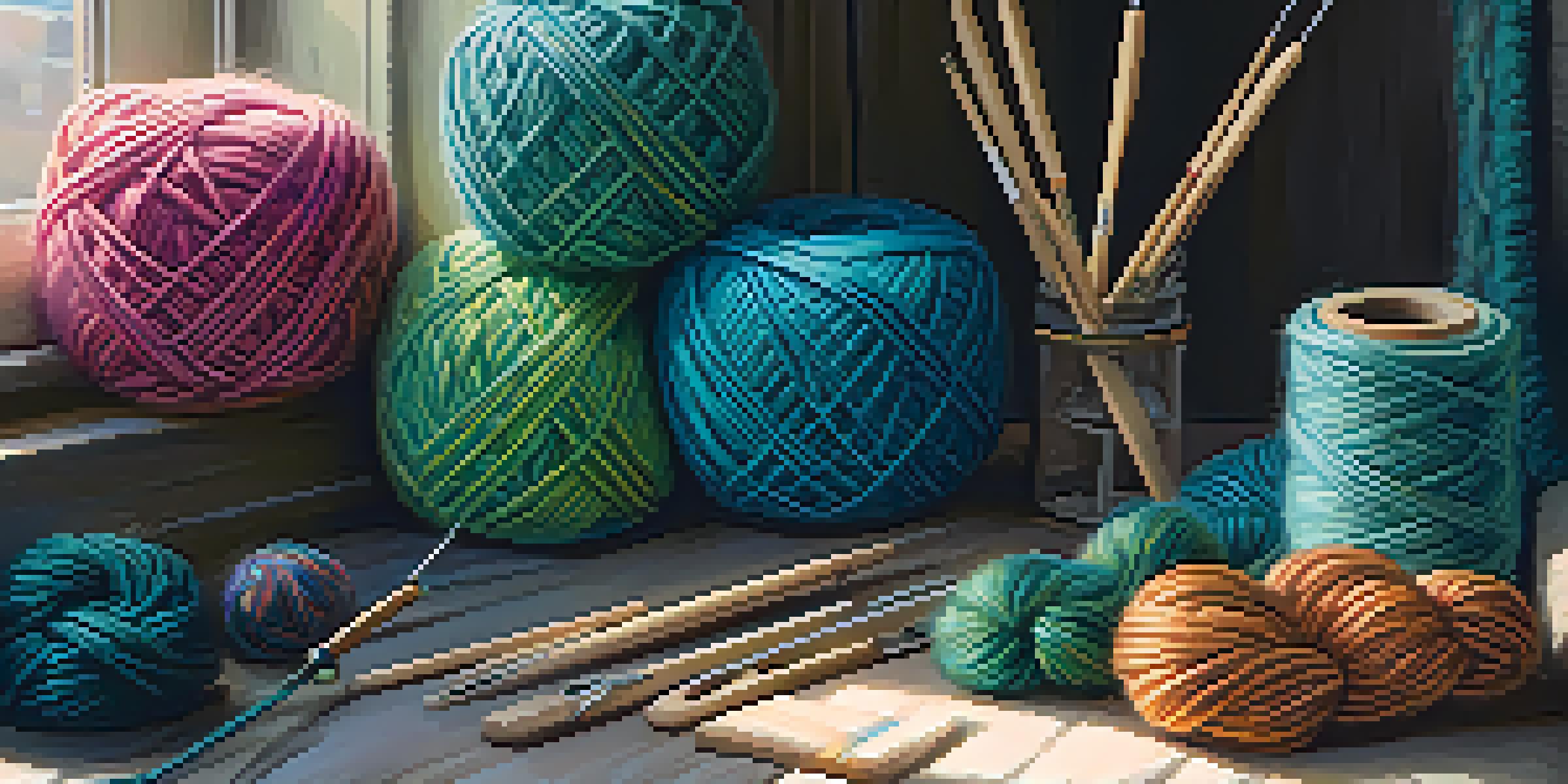 A warm and inviting knitting corner with bamboo needles, colorful yarn, measuring tape, and scissors on a wooden table, illuminated by soft natural light.