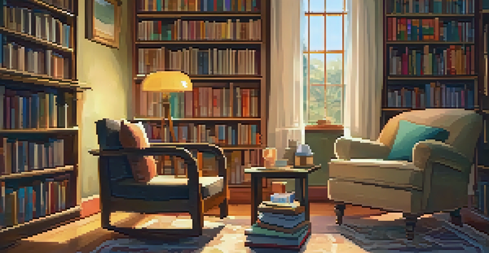 A cozy reading nook with a comfortable armchair, a cup of tea, and shelves filled with books.