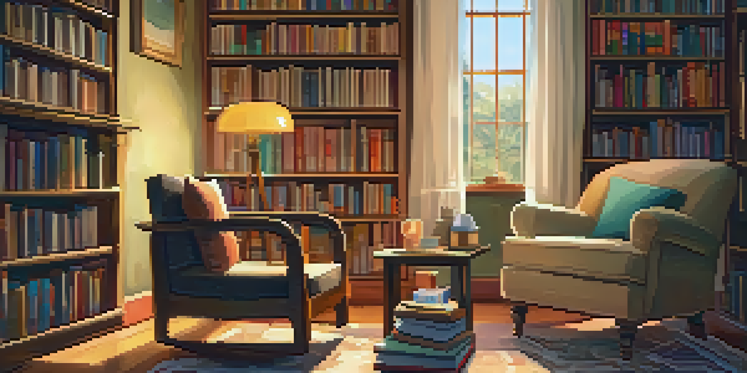 A cozy reading nook with a comfortable armchair, a cup of tea, and shelves filled with books.