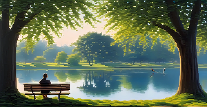 A peaceful park with colorful birds on branches and a person birdwatching with binoculars.