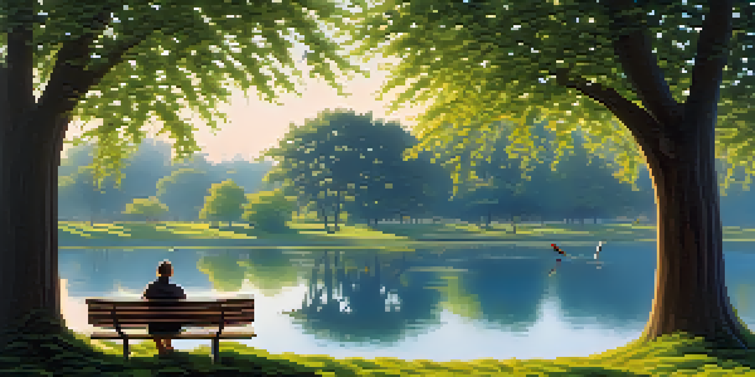 A peaceful park with colorful birds on branches and a person birdwatching with binoculars.