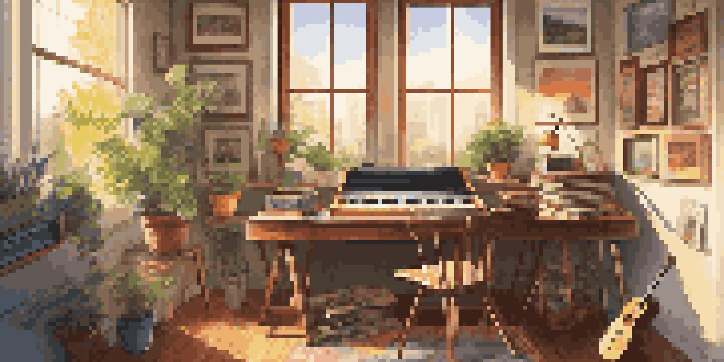 A bright and organized music workspace with an open portfolio showing album covers and descriptions, a guitar, and plants in the background.