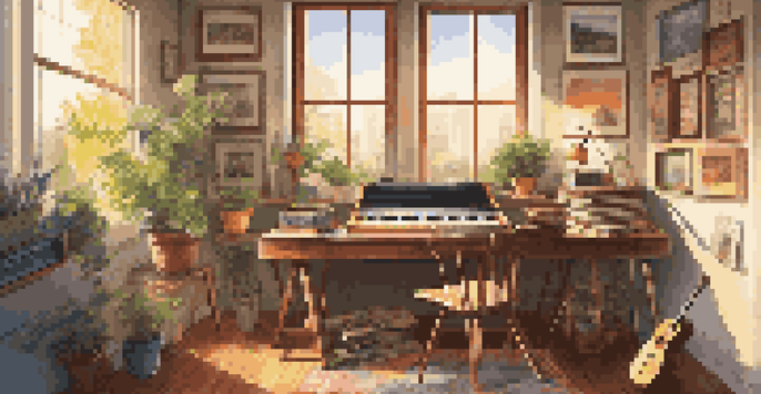 A bright and organized music workspace with an open portfolio showing album covers and descriptions, a guitar, and plants in the background.