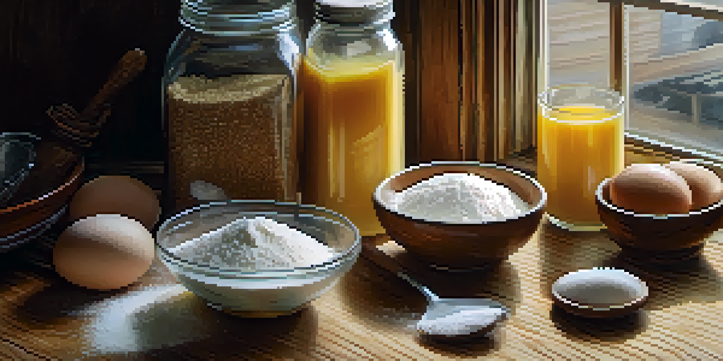A wooden kitchen table with baking ingredients such as flour, sugar, eggs, and butter, illuminated by natural light.