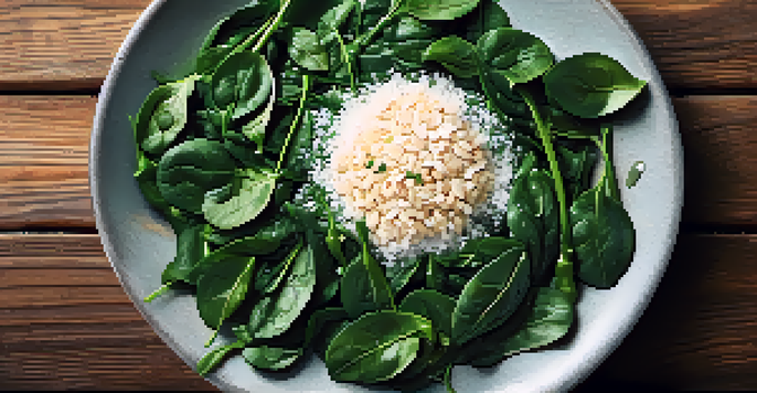 A plate of sautéed garlic and spinach with vibrant green colors, illuminated by soft natural light on a rustic wooden table.