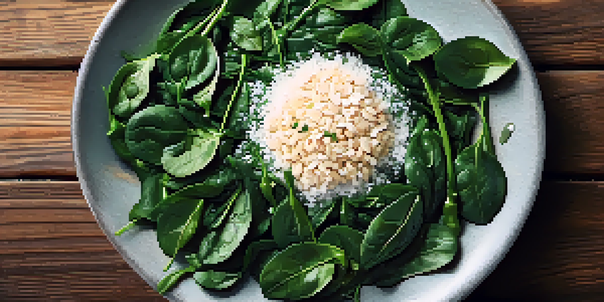 A plate of sautéed garlic and spinach with vibrant green colors, illuminated by soft natural light on a rustic wooden table.