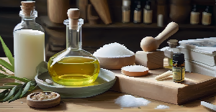 A soap making setup on a wooden table with oils, lye, a notebook, goggles, and gloves.
