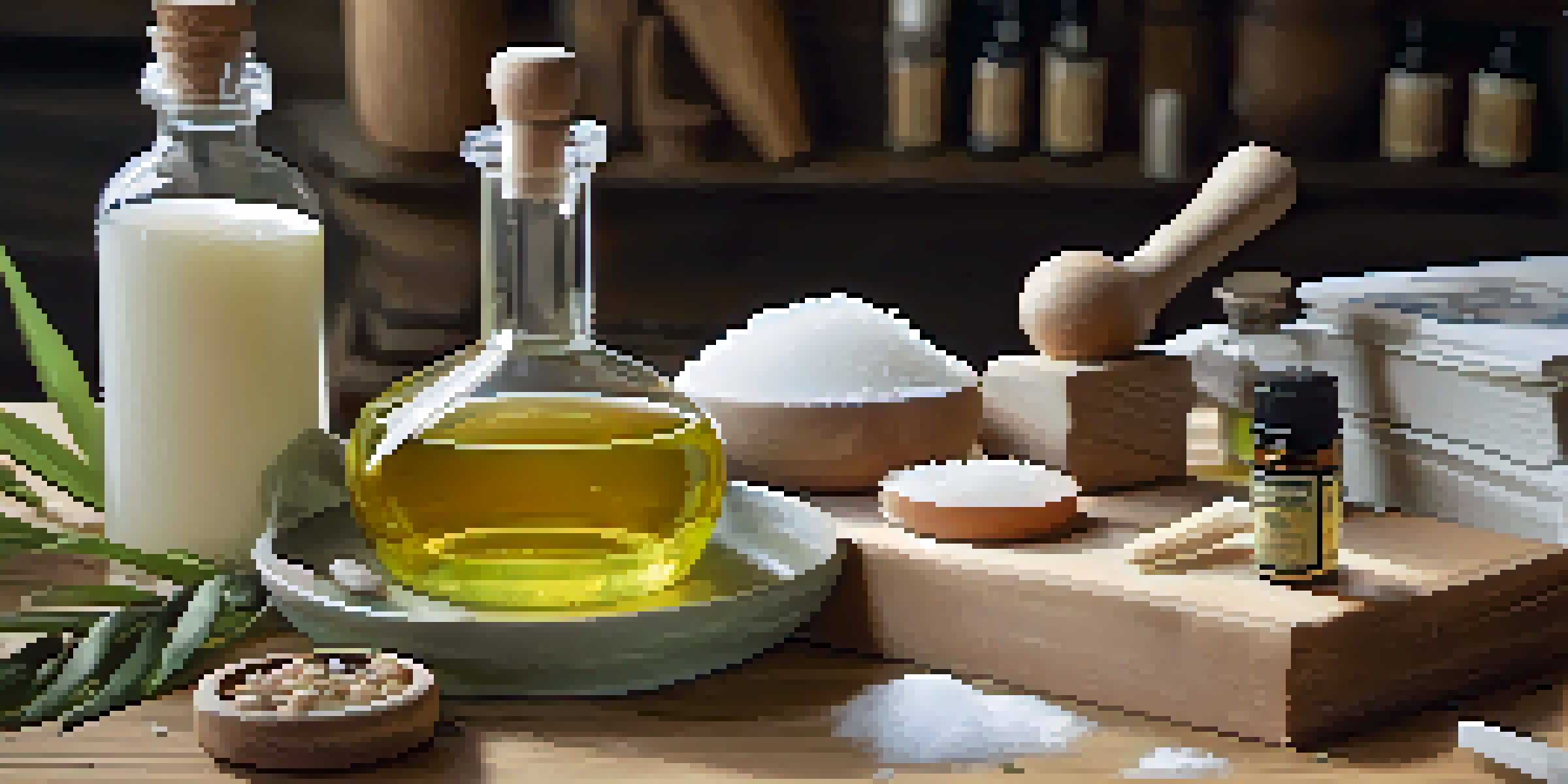 A soap making setup on a wooden table with oils, lye, a notebook, goggles, and gloves.