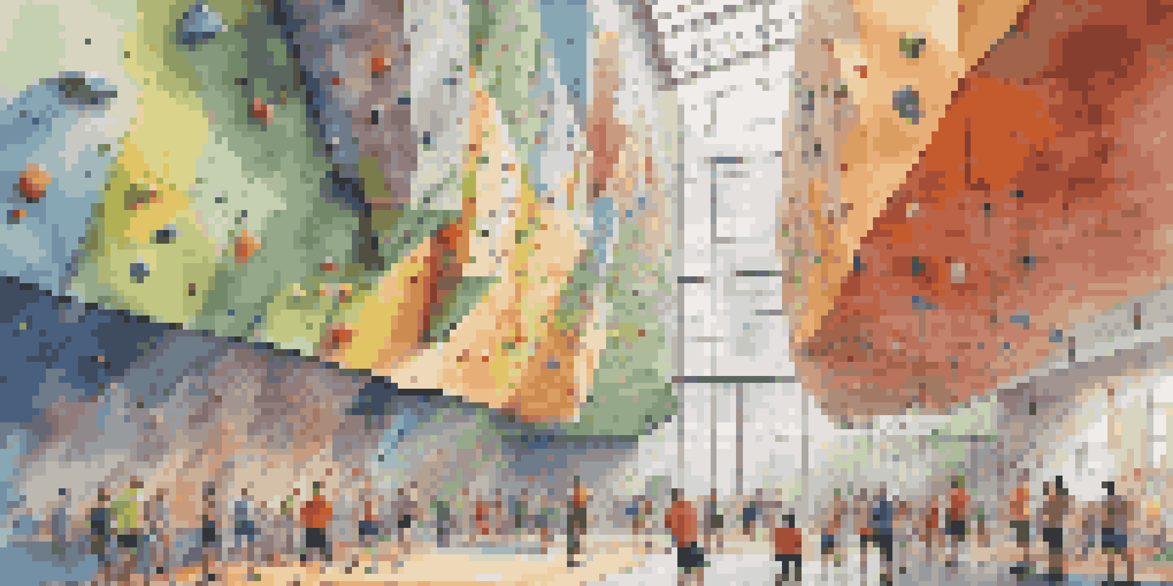 A bustling indoor climbing gym with climbers of different skill levels on colorful rock walls, lots of natural light, and an energetic atmosphere.
