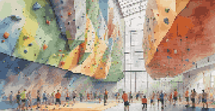 A bustling indoor climbing gym with climbers of different skill levels on colorful rock walls, lots of natural light, and an energetic atmosphere.