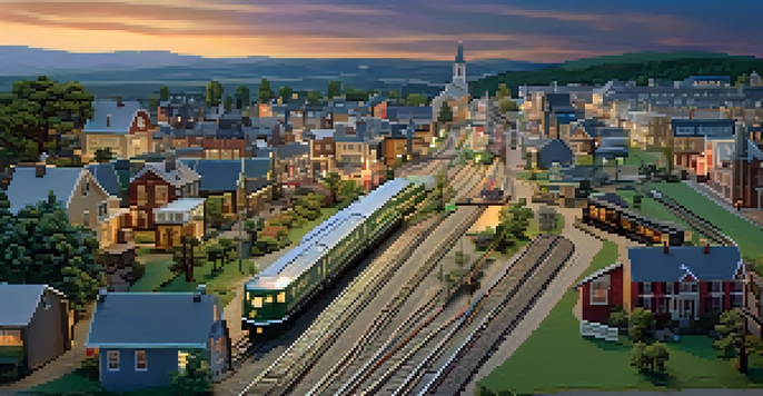 A scenic modular model railroad layout featuring a city and countryside, connected by tracks.
