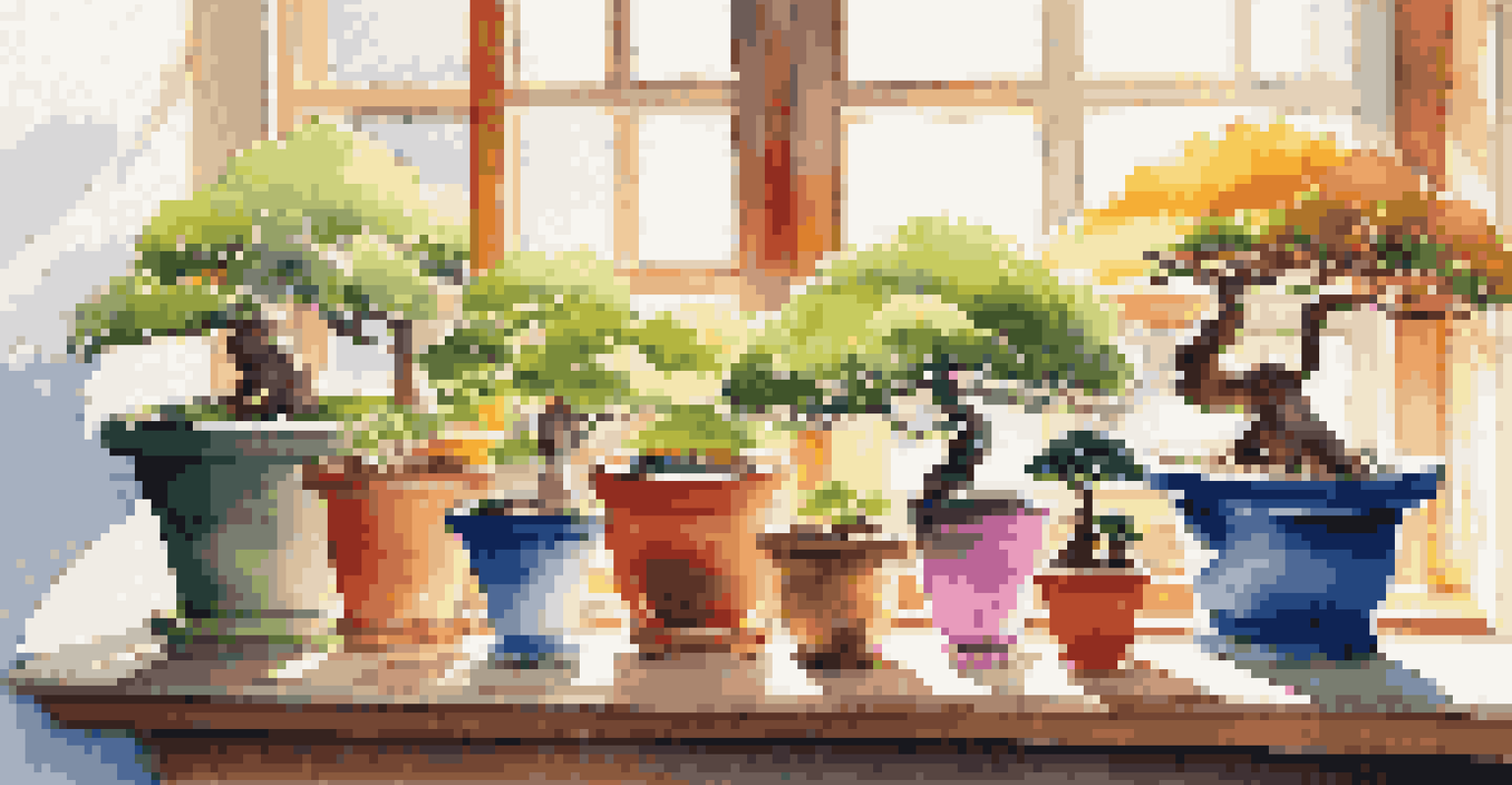 Colorful plastic bonsai pots of different shapes and sizes on a sunlit windowsill, each containing a small bonsai tree.