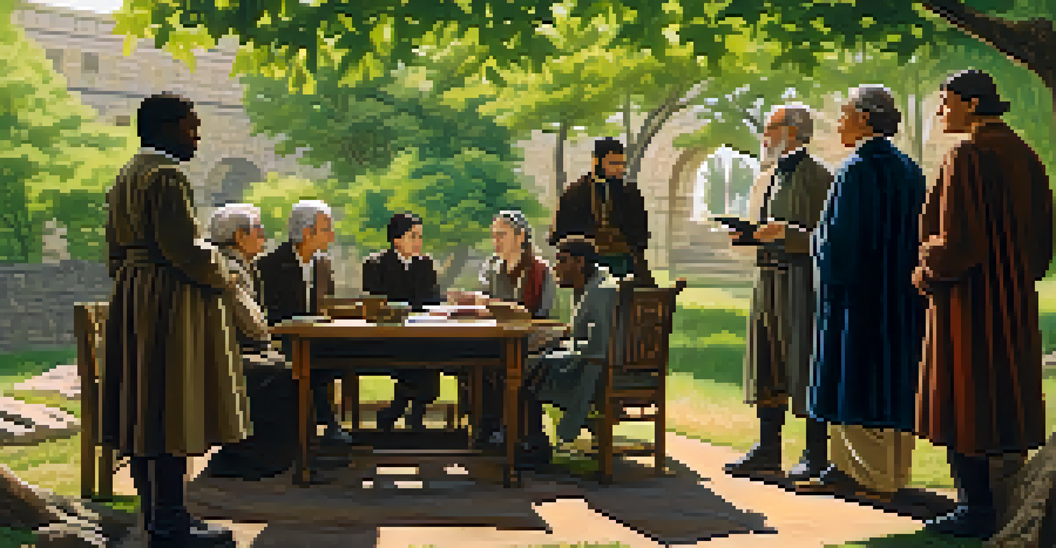 A diverse group of historians discussing in a circle at a historical site, surrounded by trees.