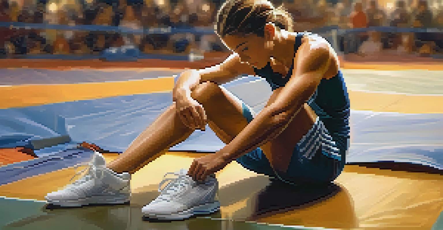 An athlete sitting on the edge of the competition mat, lacing up their shoes with a focused expression in a warm-lit environment.