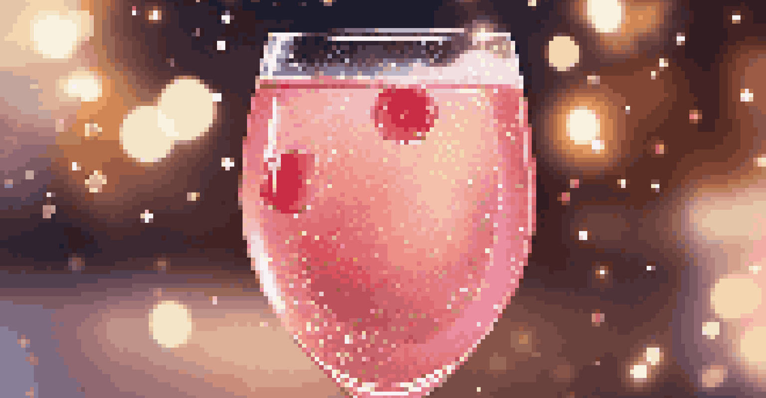 A close-up of Sparkling Rosé in a glass with bubbles, set against a festive background.