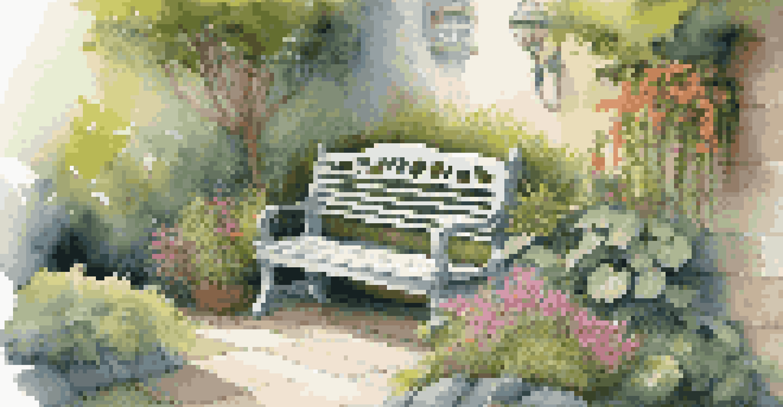 A cozy garden corner with a stone bench, trellis, and lush shade plants, illuminated by soft light.
