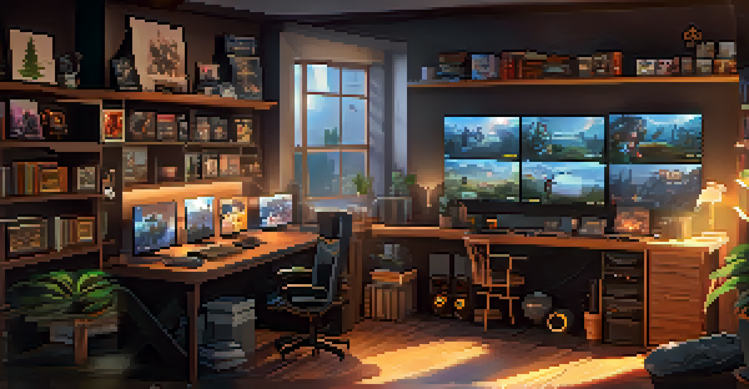 A cozy gaming corner with a computer displaying the Steam interface and decorated with game boxes and fan art.