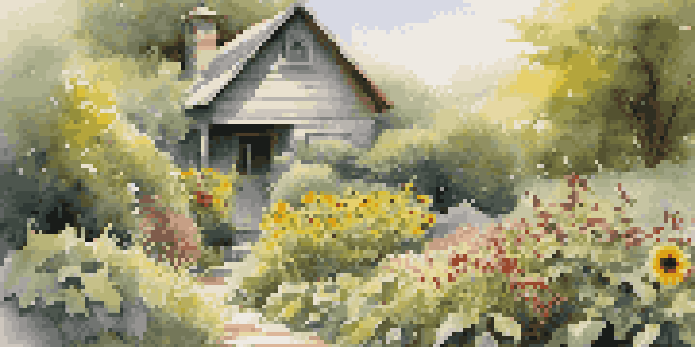 A vibrant garden with various native plants and a wooden birdhouse, illuminated by soft morning sunlight.