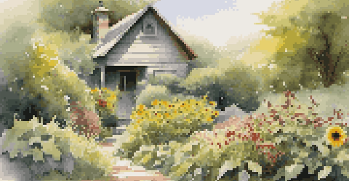 A vibrant garden with various native plants and a wooden birdhouse, illuminated by soft morning sunlight.