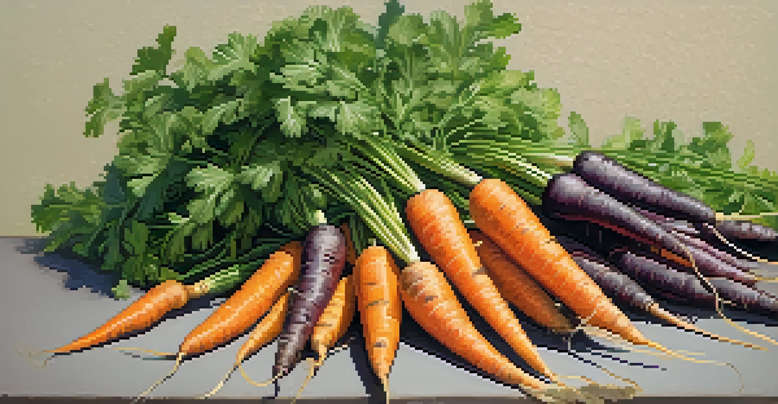 A close-up of colorful carrots with leafy tops, freshly harvested from the garden.