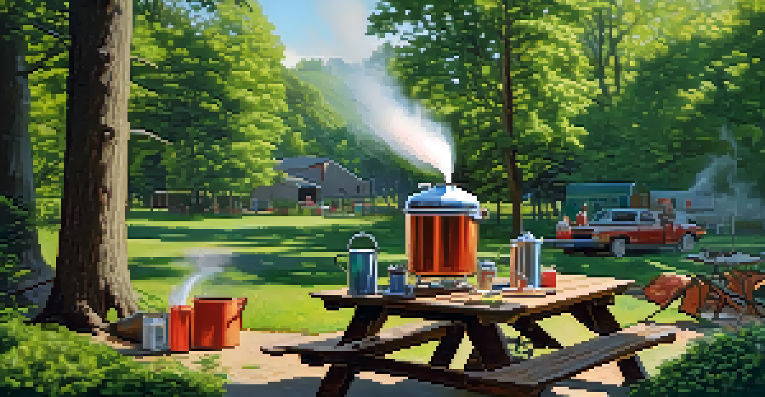 An outdoor brewing setup with a boiling pot over a flame and a fire extinguisher nearby, surrounded by greenery.
