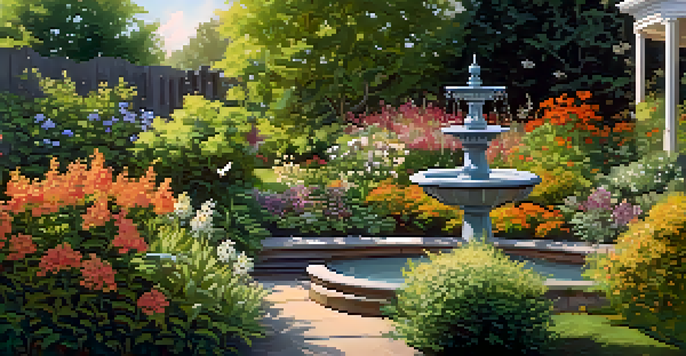 A colorful garden featuring native shrubs, a birdbath, and butterflies, illustrating a lively ecosystem.