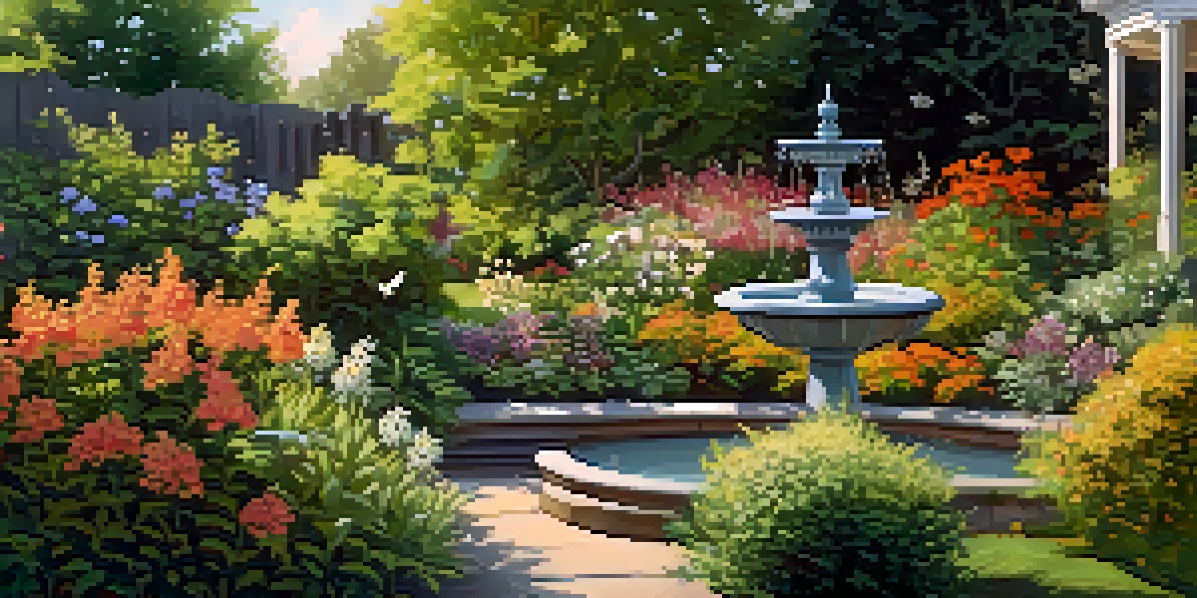 A colorful garden featuring native shrubs, a birdbath, and butterflies, illustrating a lively ecosystem.