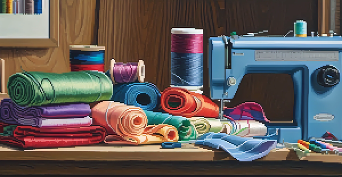 A sewing workspace with various colorful fabrics, a sewing machine, scissors, and other sewing supplies, showing a half-finished tote bag.