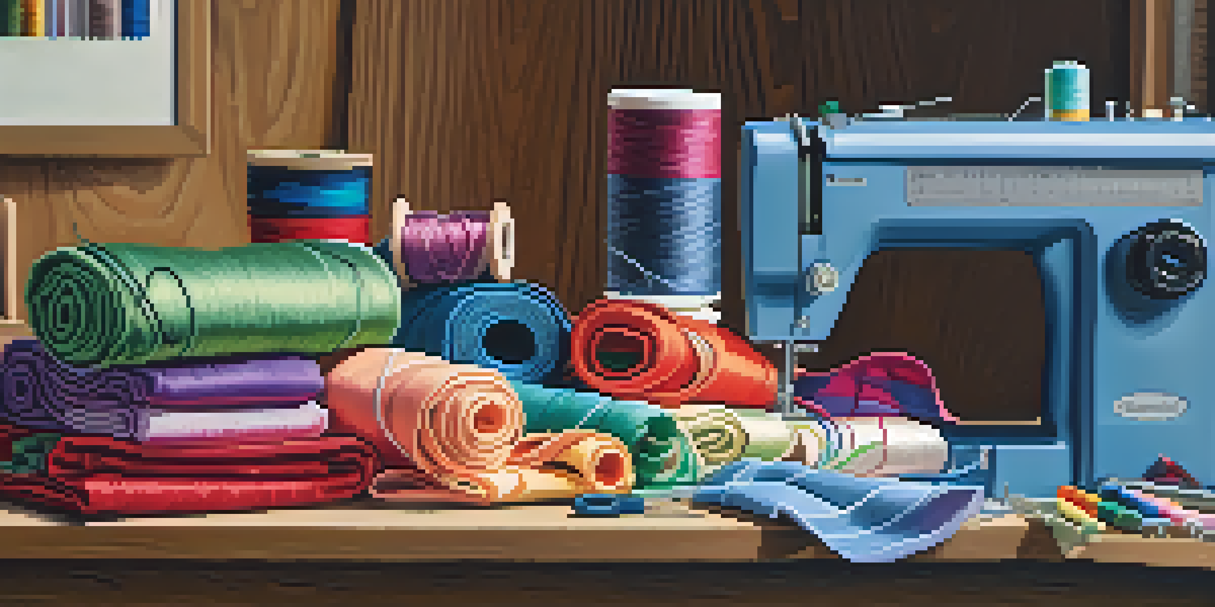 A sewing workspace with various colorful fabrics, a sewing machine, scissors, and other sewing supplies, showing a half-finished tote bag.