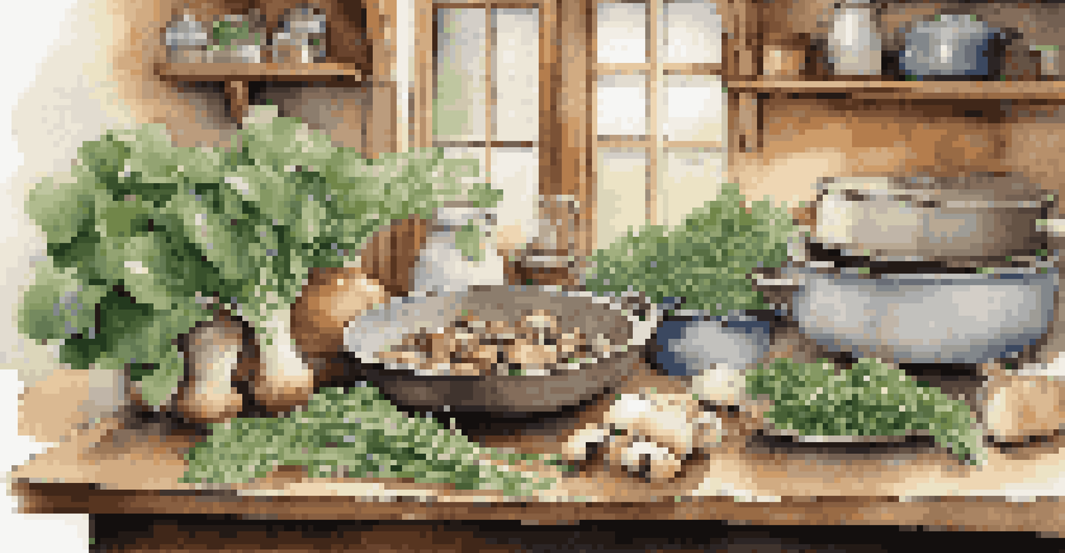 A rustic kitchen setting with foraged ingredients on a wooden table and a pot simmering on the stove.