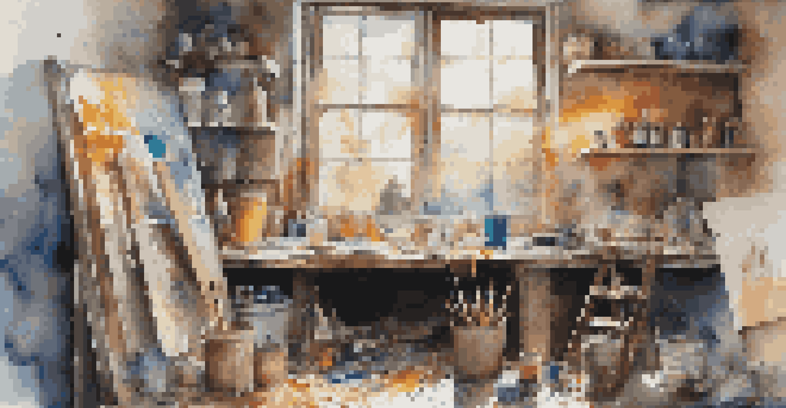 An artist's workspace with canvases and paintbrushes, showcasing a vibrant painting of a historical figure.