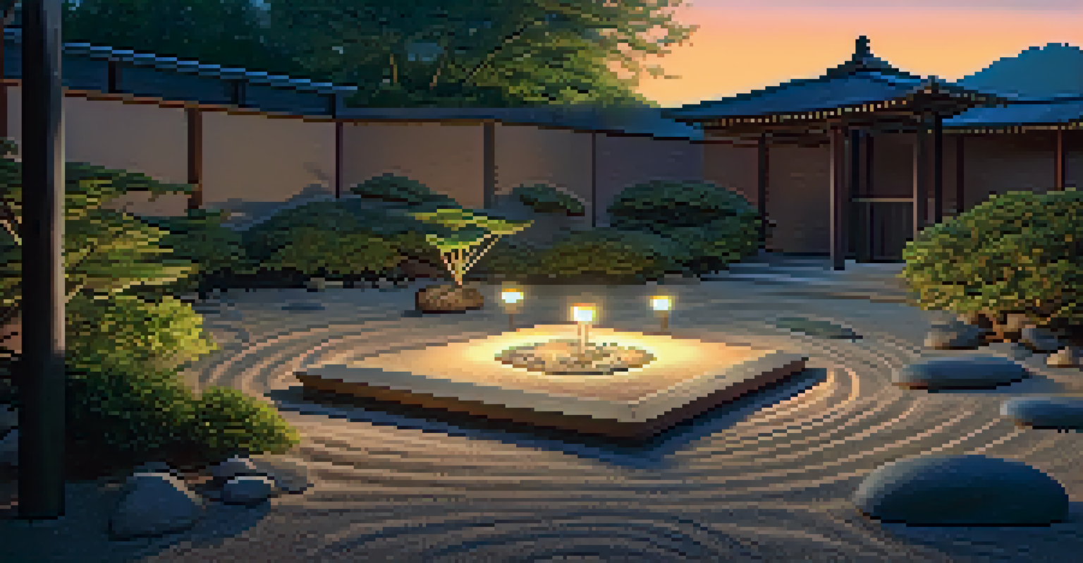 A Zen garden at dusk, illuminated by lanterns with rocks, sand, and plants, creating a calming atmosphere.