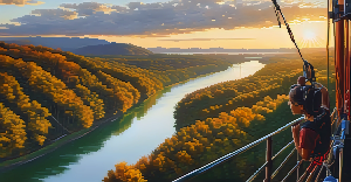 A person preparing to bungee jump from a platform with a scenic view of a green valley and a river during sunset.